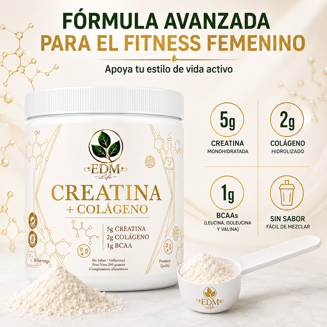 Composición por dosis de Creatina con Colágeno y BCAA EDM Life
